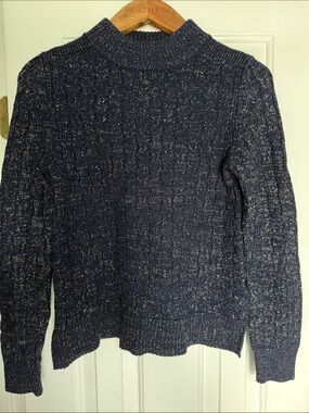 APC women’s Dk Blue Cable Knit Wool Blend Sweater w/Gold thread Mock Neck. Sz S